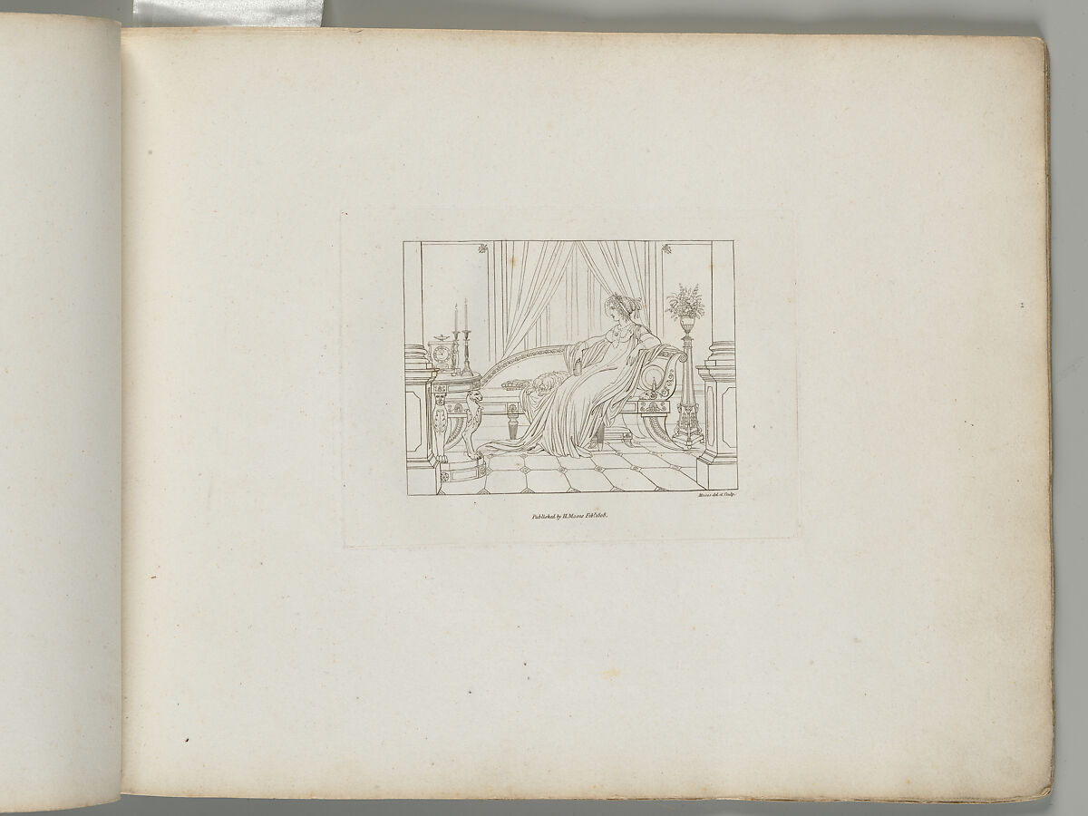 A Woman Seated on a Grecian Sofa with a Lapdog, in an Interior (from Sketches in Outline), Henry Moses (British, London ca. 1782–1870 Cowley, Middlesex), Etching and engraving 
