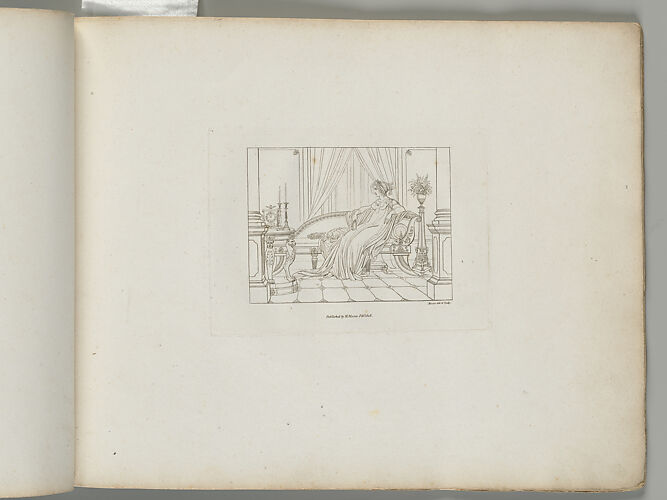 A Woman Seated on a Grecian Sofa with a Lapdog, in an Interior (from Sketches in Outline)
