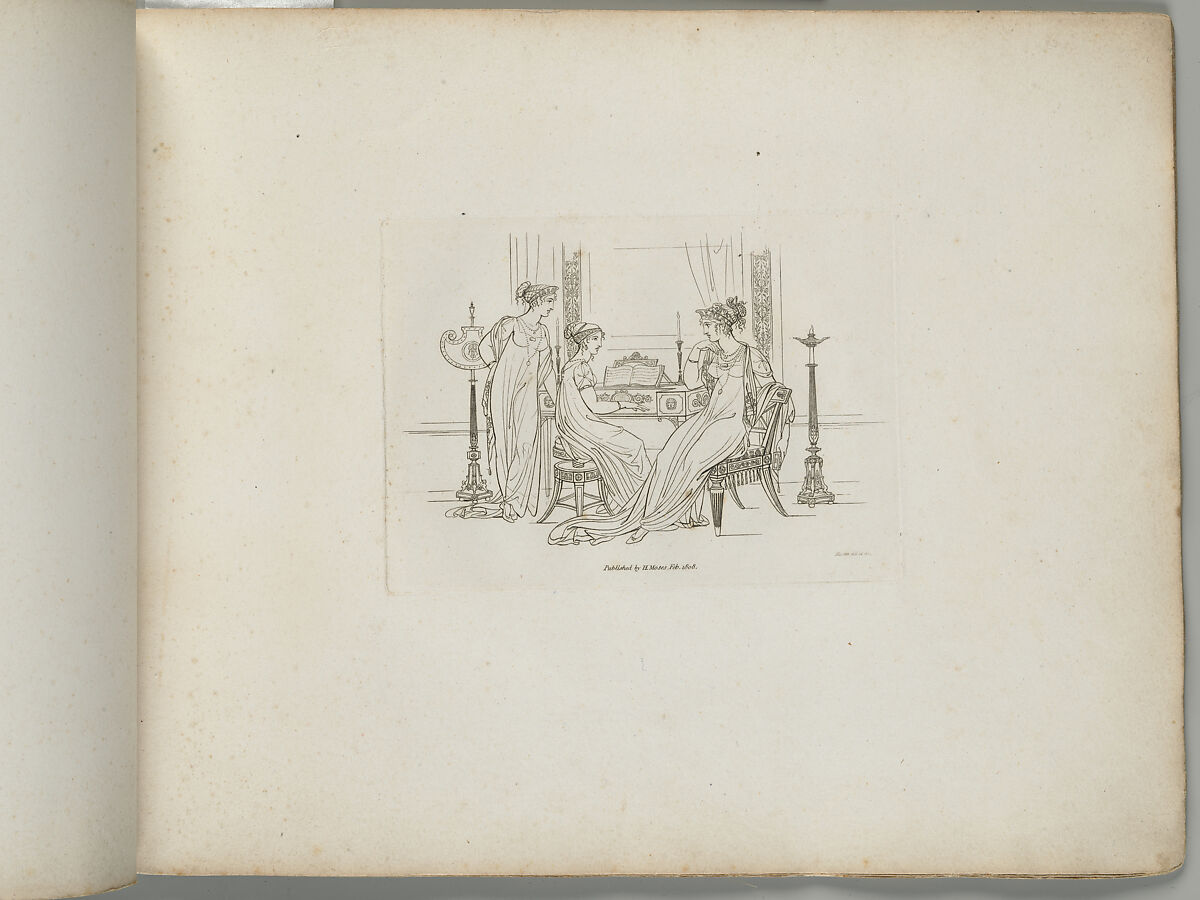 Three Women by a Harpsichord (from Sketches in Outline), Henry Moses (British, London ca. 1782–1870 Cowley, Middlesex), Etching and engraving 