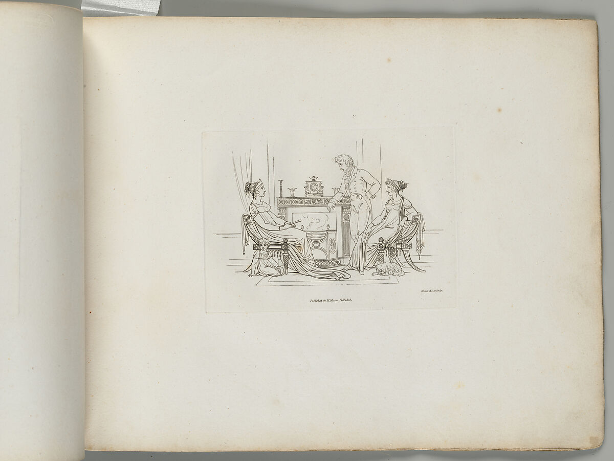 A Man, Two Women, a Child, and a Dog by a Fireplace (from Sketches in Outline), Henry Moses (British, London ca. 1782–1870 Cowley, Middlesex), Etching and engraving 