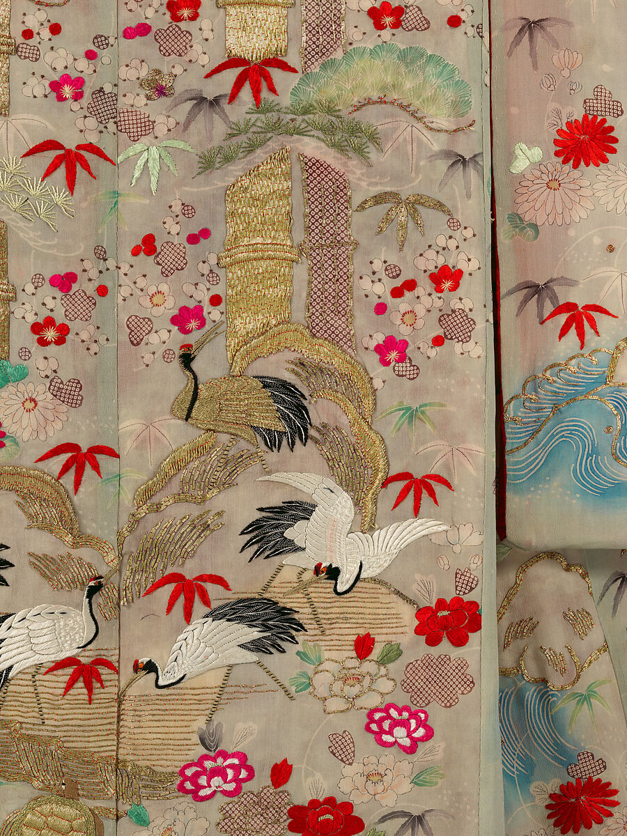 Outer Robe (Uchikake) with Mount Penglai, Crepe silk with paste-resist dyeing, stencil-dyed dots, silk- and gold-thread embroidery, Japan