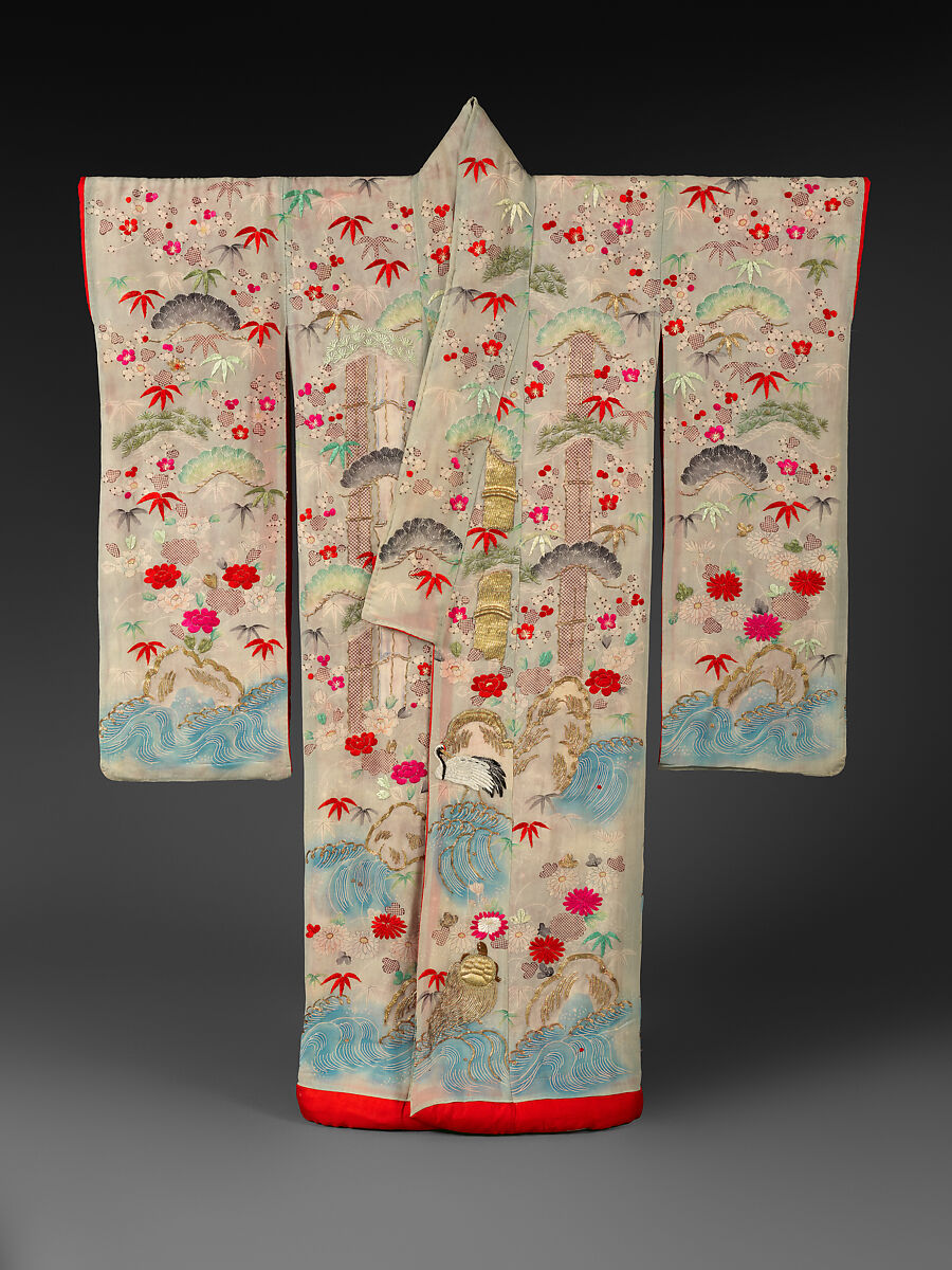 Outer Robe (Uchikake) with Mount Penglai, Crepe silk with paste-resist dyeing, stencil-dyed dots, silk- and gold-thread embroidery, Japan