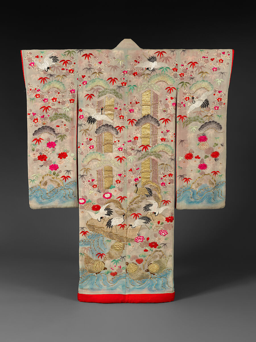 Outer Robe (Uchikake) with Mount Penglai, Crepe silk with paste-resist dyeing, stencil-dyed dots, silk- and gold-thread embroidery, Japan