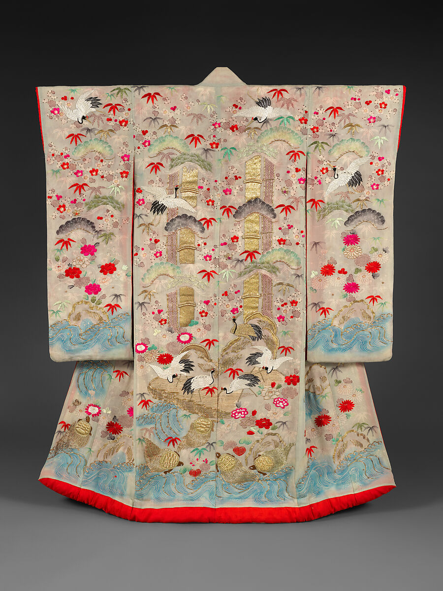 Outer Robe (Uchikake) with Mount Penglai, Crepe silk with paste-resist dyeing, stencil-dyed dots, silk- and gold-thread embroidery, Japan