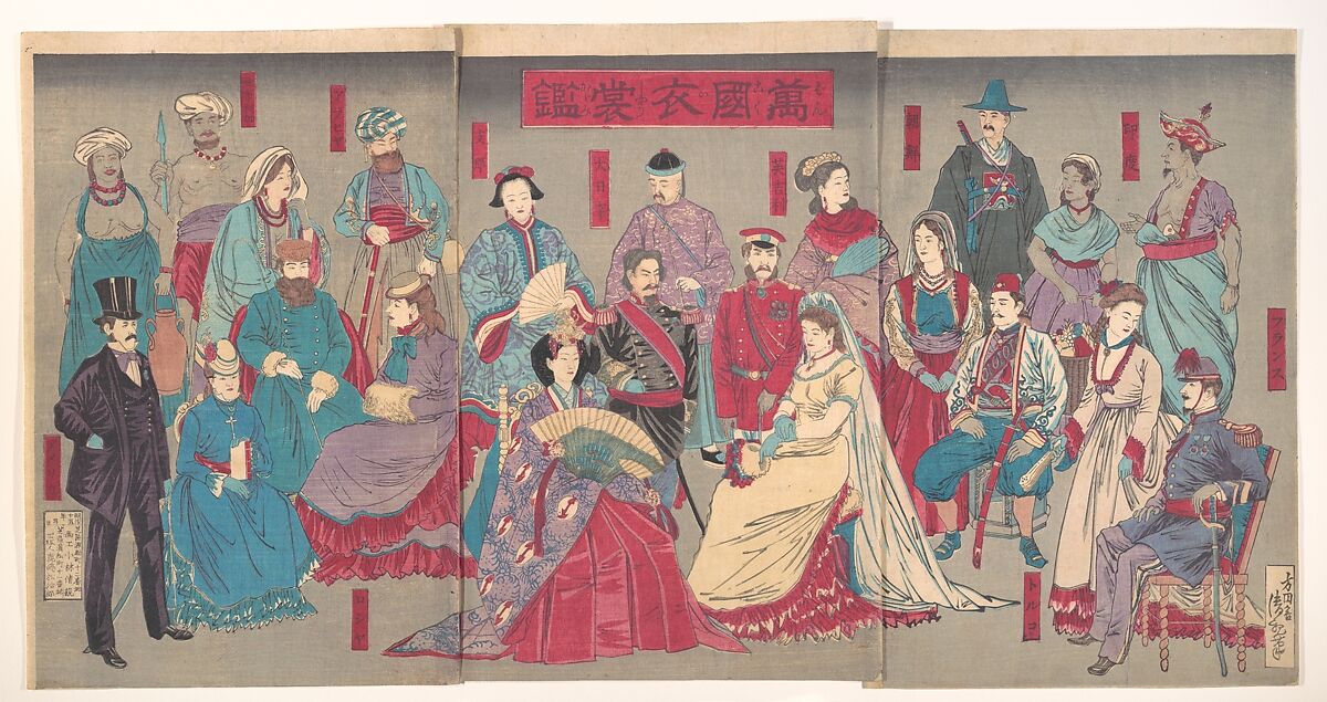Mirror of National Costumes of All Nations  (Bankoku ishō kagami), Kobayashi Kiyochika (Japanese, 1847–1915), Triptych of woodblock prints (nishiki-e); ink and color on paper, Japan 