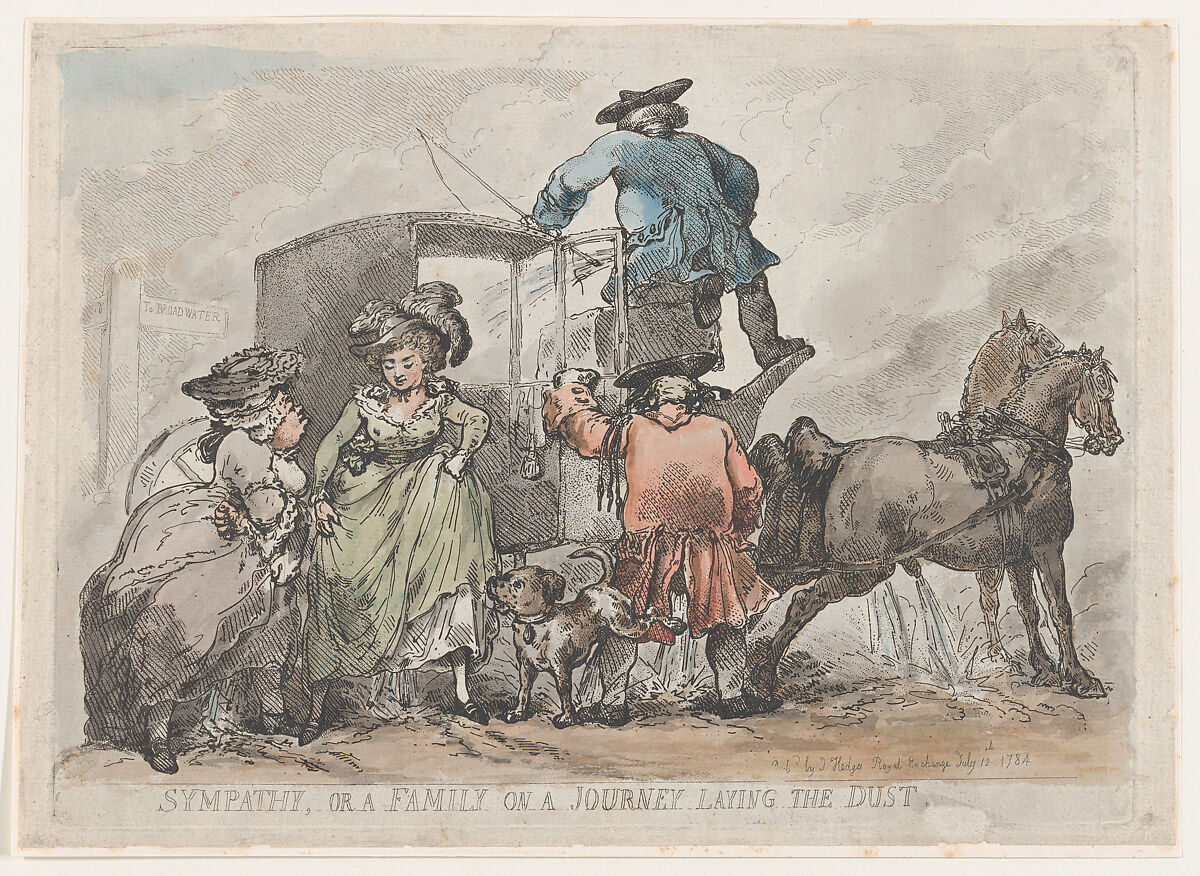 Sympathy, or A Family On A Journey Laying The Dust, Thomas Rowlandson (British, London 1757–1827 London), Hand-colored etching 