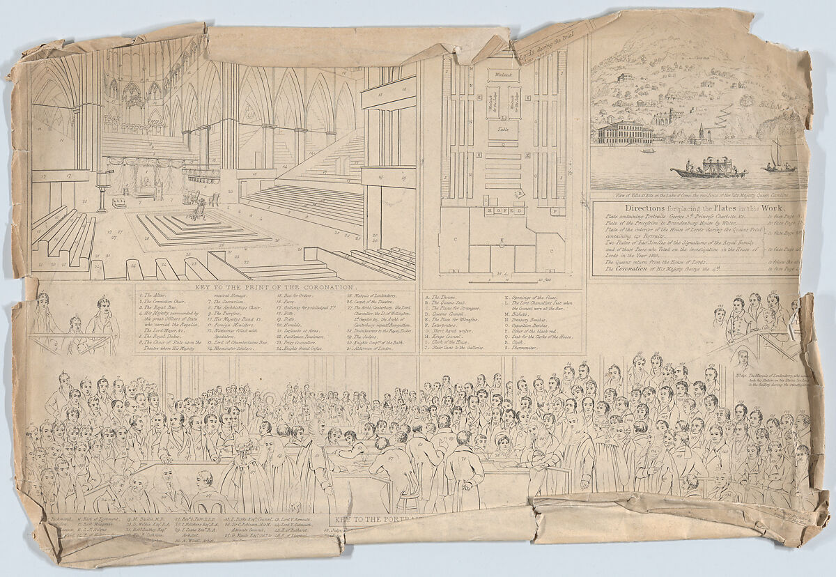 Keys to Prints of the Coronation of George IV, and Investigation in the House of Lords in 1820, After James Stephanoff (British, London ca. 1786/88–1874 Clifton), Etching 