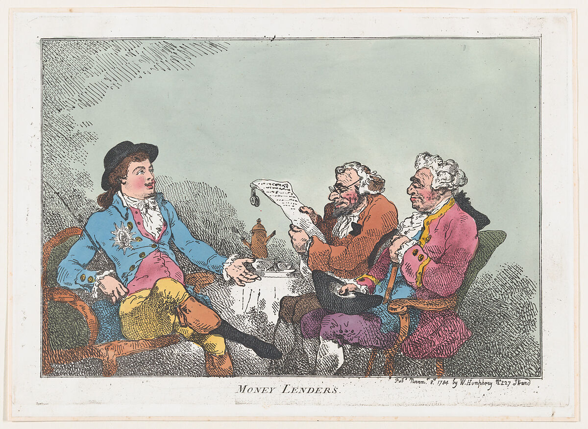 Money Lenders, Thomas Rowlandson (British, London 1757–1827 London), Hand-colored etching 