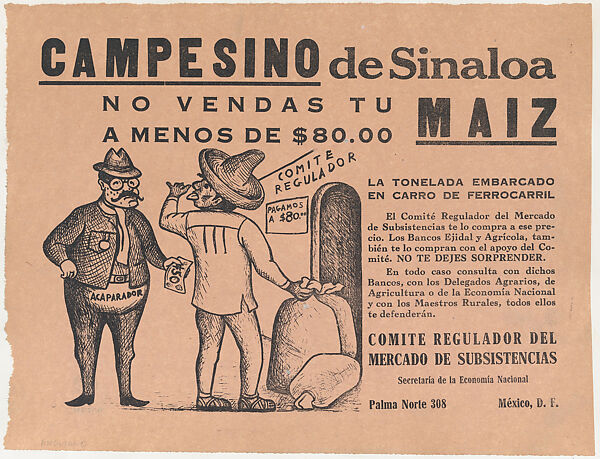 Flyer relating to the farmers of Sinaloa who refused to sell corn under a certain price, a profiteer stands at left being snubbed by a farmer holding a bag of grain, Raúl Anguiano (Mexican, 1915–2006), Photo-relief and letterpress on tan paper 