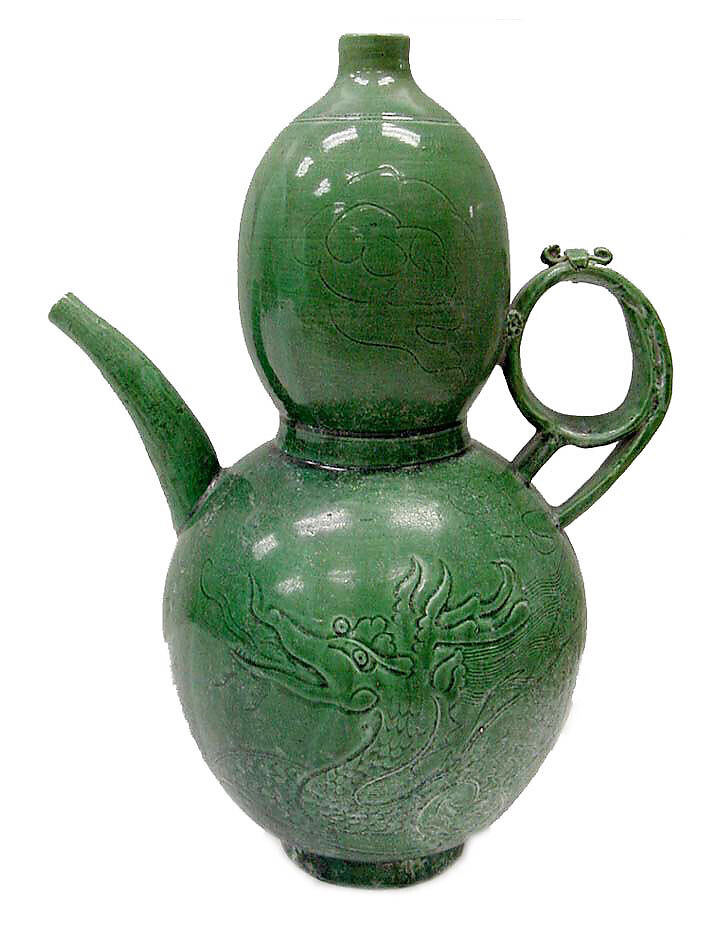 Ewer with writhing dragon, Glazed pottery with incised decoration, China 