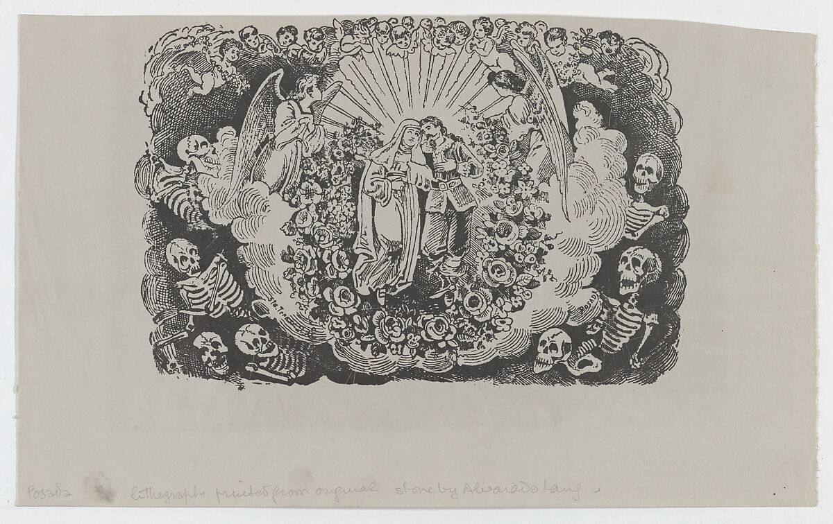 A female saint standing with a cavalier and surrounded by angels and skeletons, José Guadalupe Posada (Mexican, Aguascalientes 1852–1913 Mexico City), Lithograph 