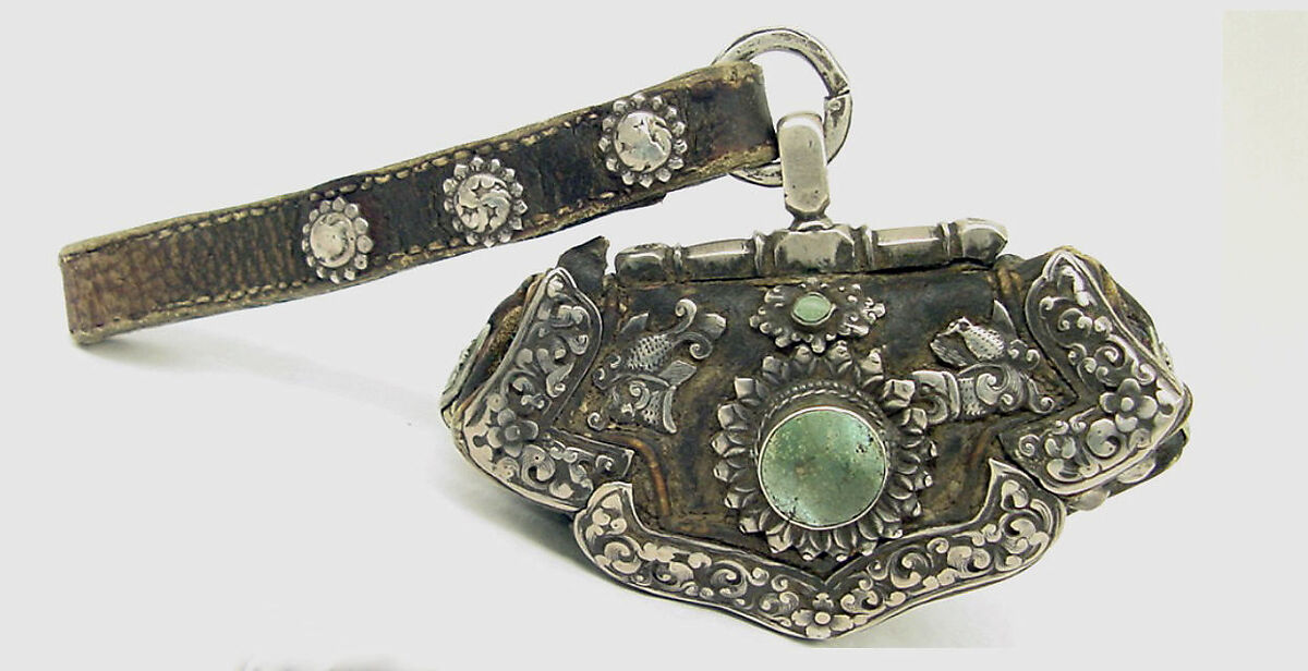 Pouch, Leather with silver repoussé and turquoise inlay, Tibet 