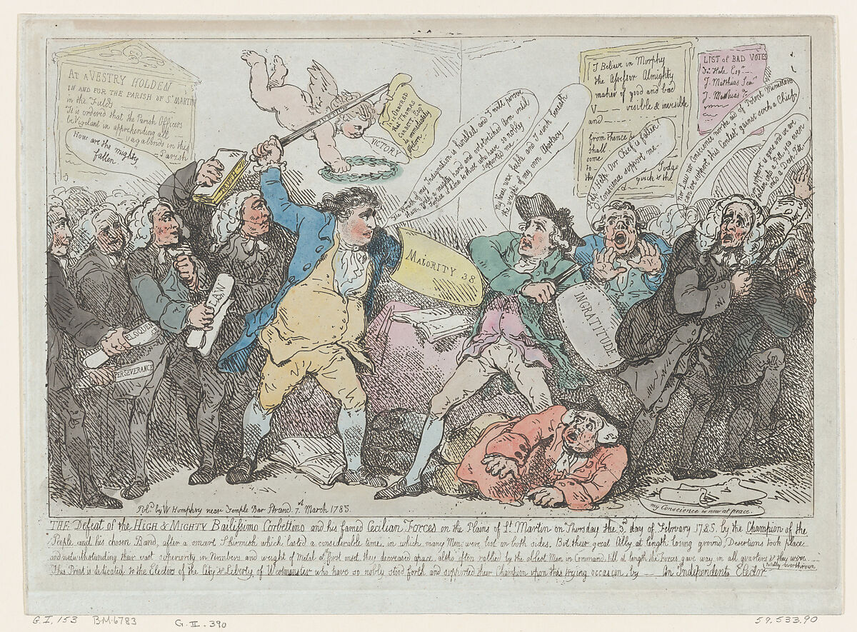 The Defeat of the High & Mighty Bailissimo Corbettino..., Thomas Rowlandson (British, London 1757–1827 London), Hand-colored etching 