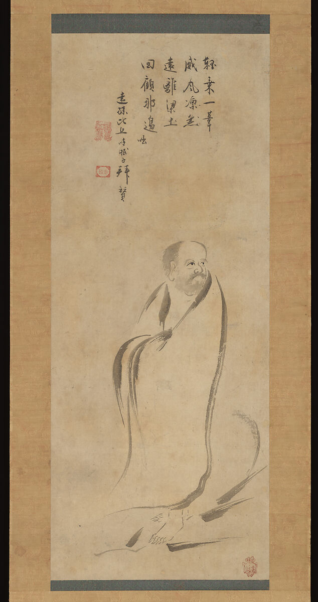 Bodhidharma Crossing the Yangzi River on a Reed, Kano Genshun 狩野元俊 (Japanese, 1588–1672), Hanging scroll; ink on paper, Japan 