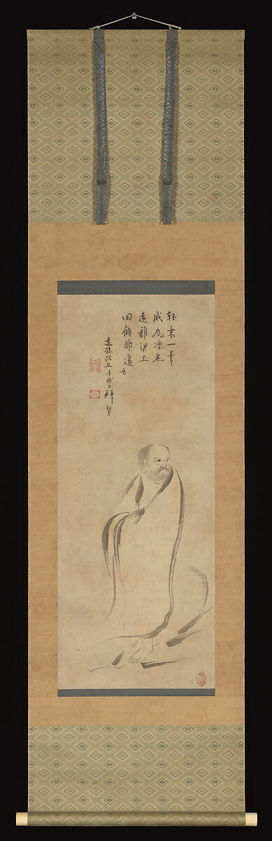 Bodhidharma Crossing the Yangzi River on a Reed, Kano Genshun 狩野元俊 (Japanese, 1588–1672), Hanging scroll; ink on paper, Japan