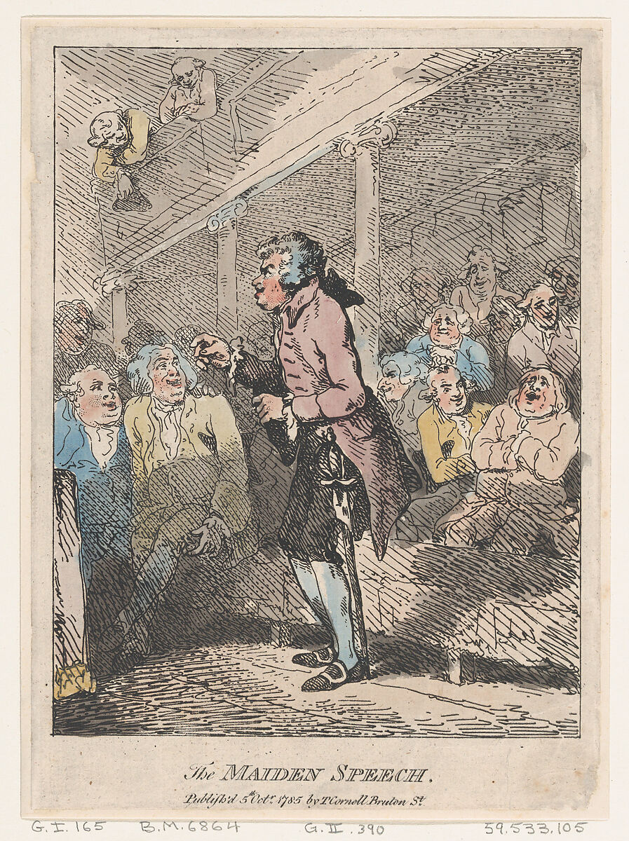 The Maiden Speech, Thomas Rowlandson (British, London 1757–1827 London), Hand-colored etching 