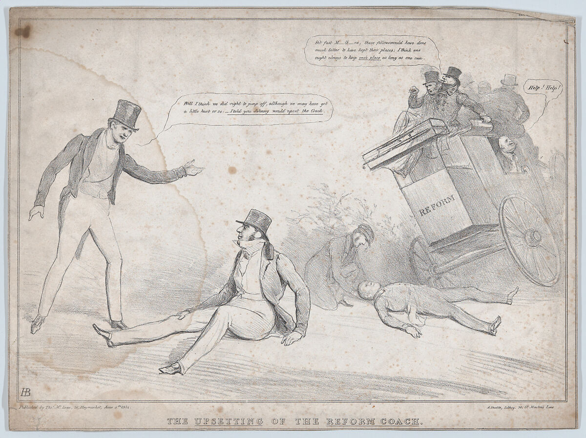The Upsetting of the Reform Coach, John Doyle (Irish, Dublin 1797–1868 London), Lithograph 