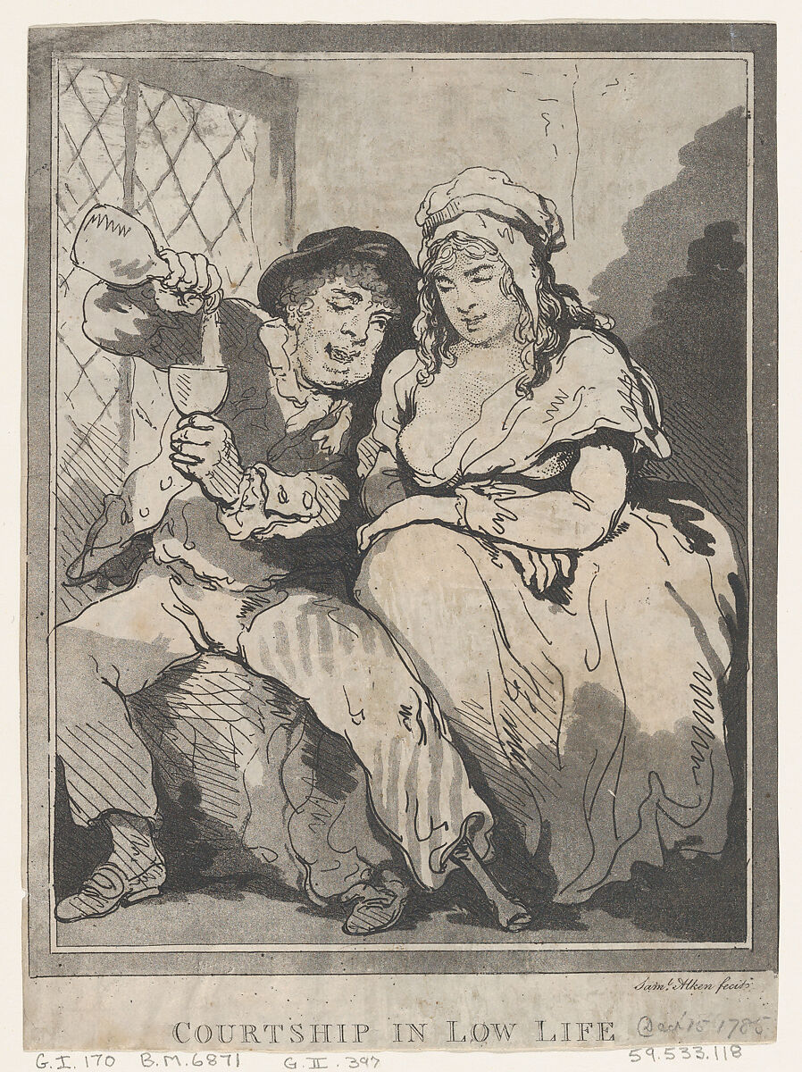 Courtship in Low Life, Samuel Alken (British, London 1756–1815 London), Hand-colored etching and aquatint 