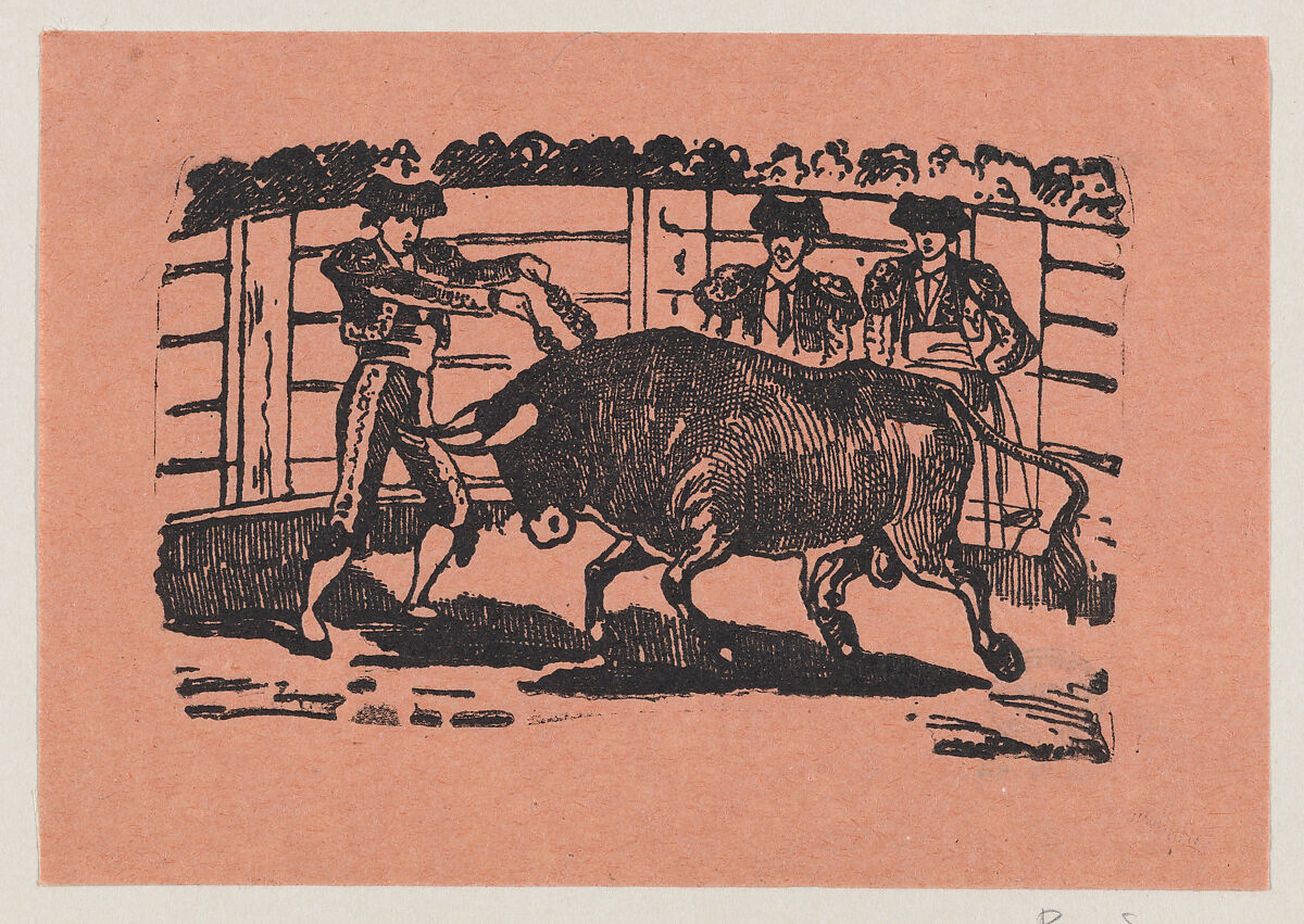 A torero placing banderillas into the bull's shoulders while two men stand behind the bull, José Guadalupe Posada (Mexican, 1851–1913), Zincograph 