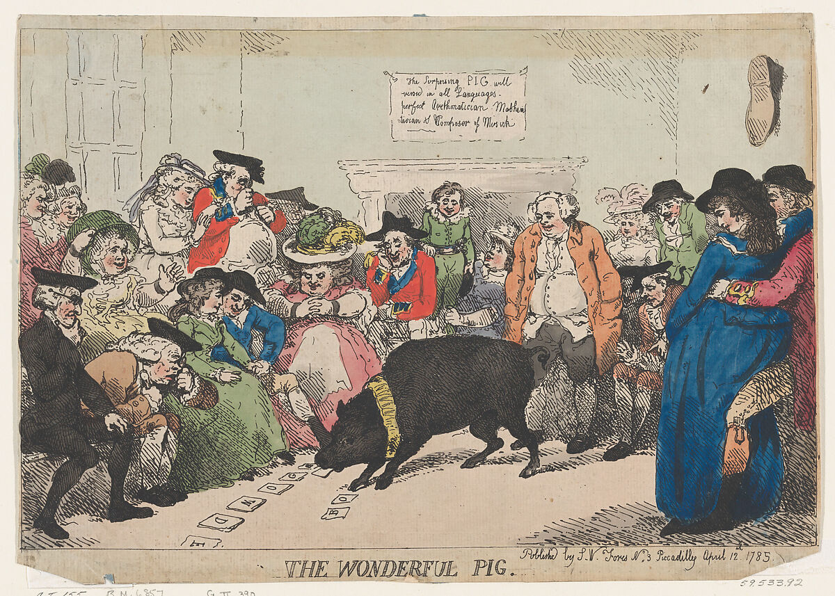 The Wonderful Pig, Thomas Rowlandson (British, London 1757–1827 London), Hand-colored etching 