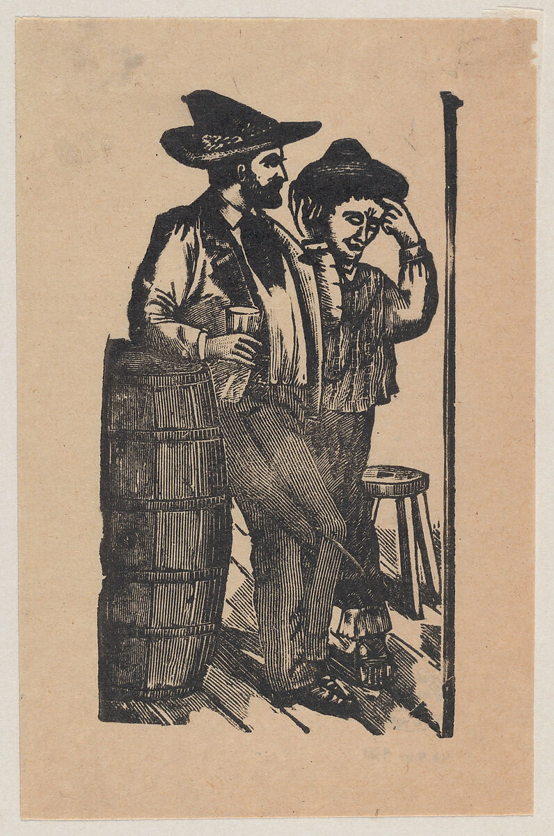 Two men leaning on a barrel and drinking, ? José Guadalupe Posada (Mexican, Aguascalientes 1852–1913 Mexico City), Type-metal engraving 