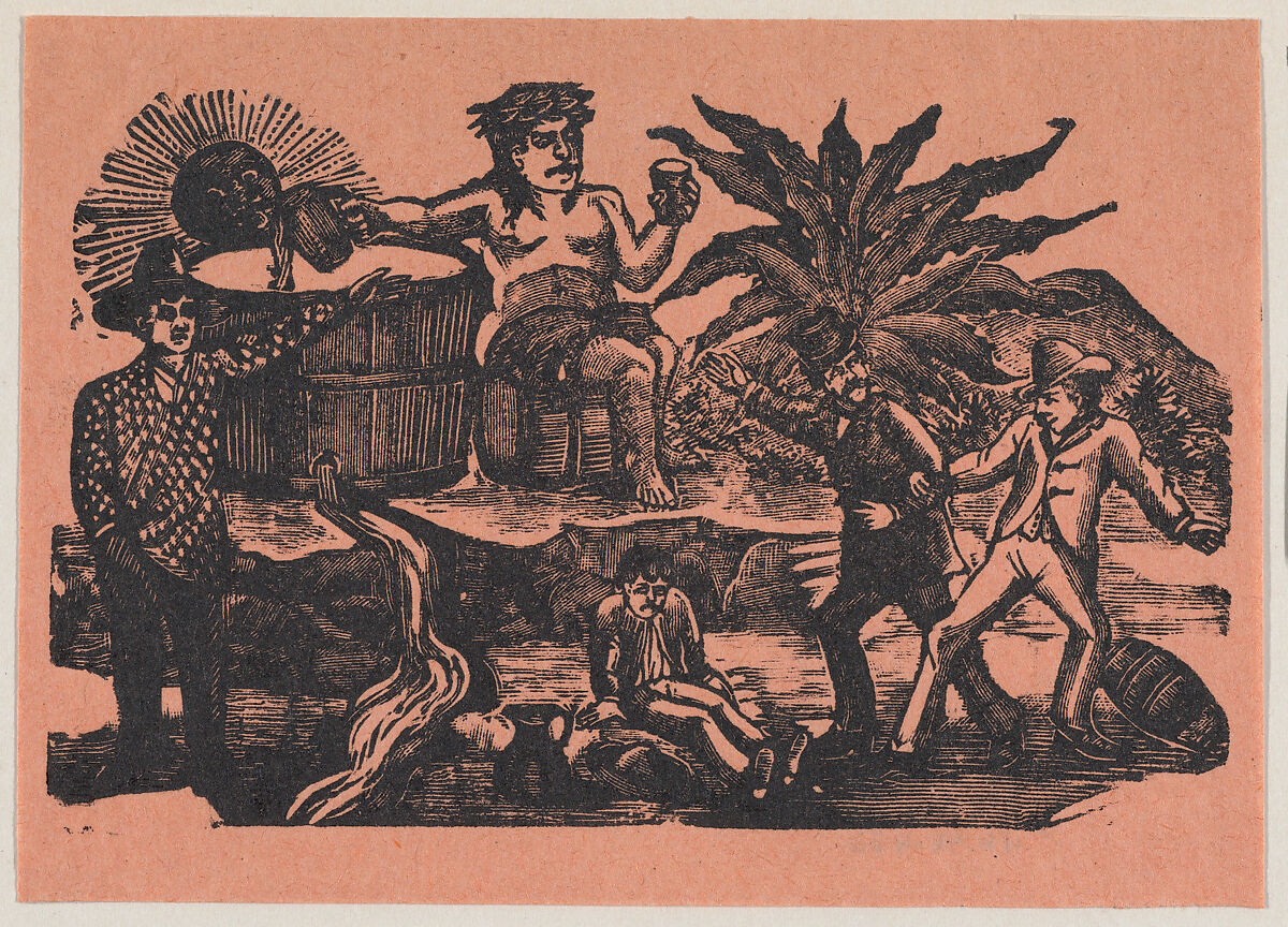Bacchus and victims of alcholism drinking together, ? José Guadalupe Posada (Mexican, 1851–1913), Type-metal engraving 