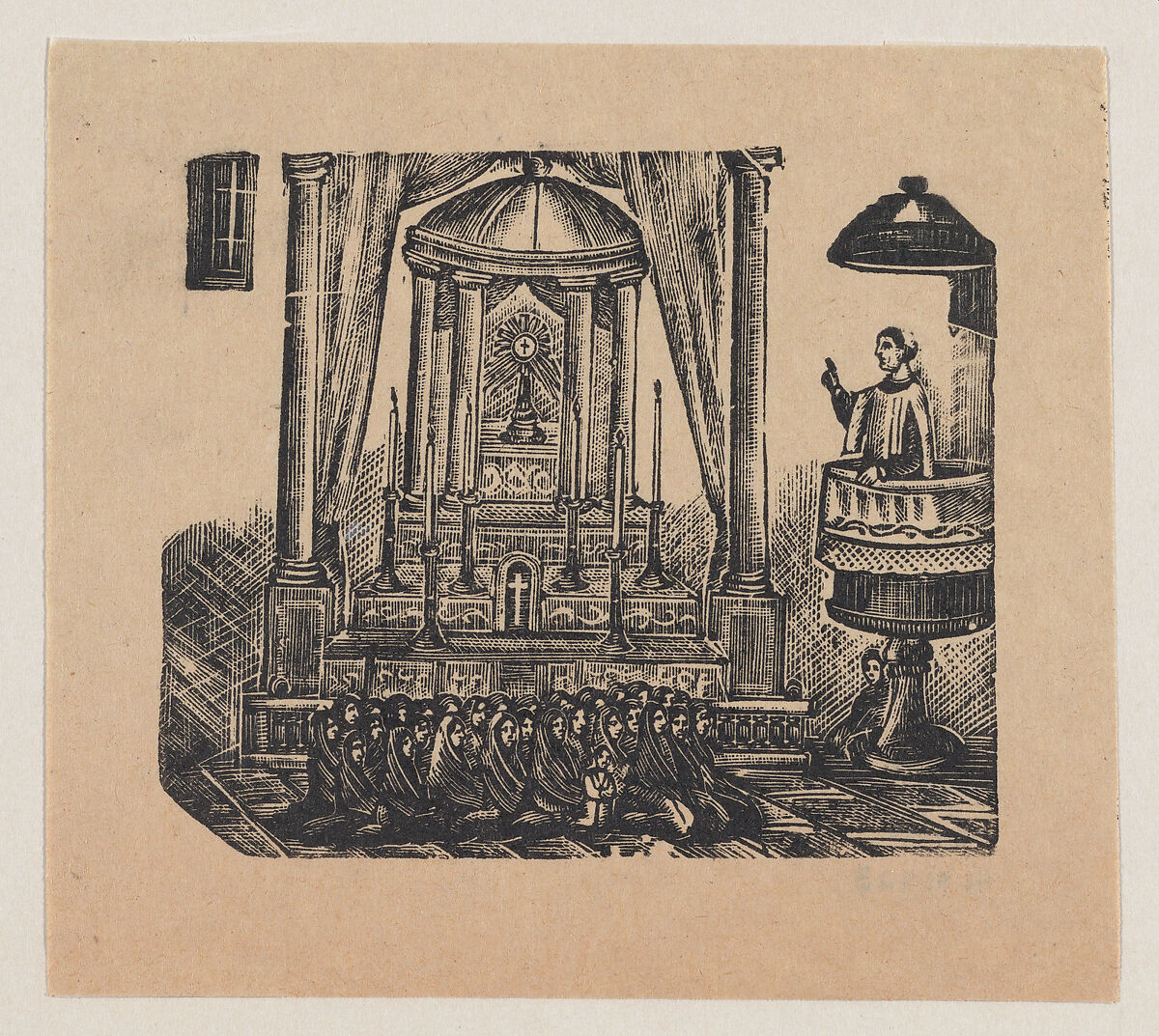 A priest conducting mass from a pulpit for women dressed in black, ? José Guadalupe Posada (Mexican, Aguascalientes 1852–1913 Mexico City), Type-metal engraving 