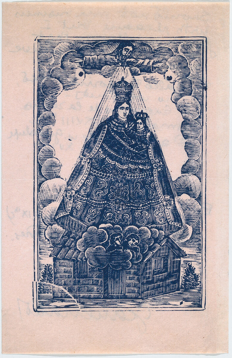 Christmas card from the Charlot's (Jean and Dorothy) to an unknown recipient, bi-fold with Virgin and Child on front and personal annotations on back with a list of prints the recipient should receive (possibly the Met), Anonymous, Mexican, Metal plate engraving 