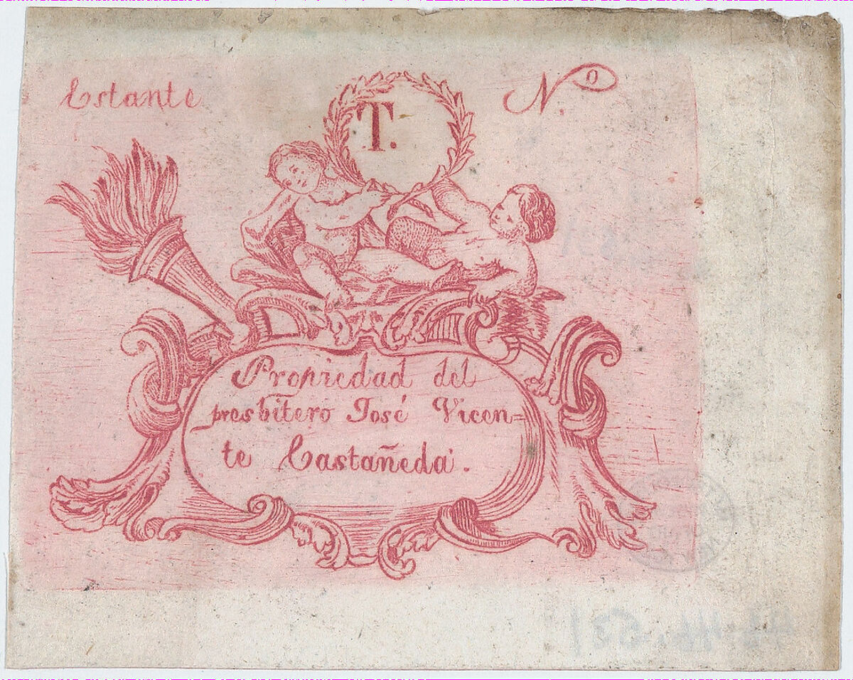 Ornament plaque with angels on top holding a wreath, Anonymous, Mexican, Engraving printed in red 