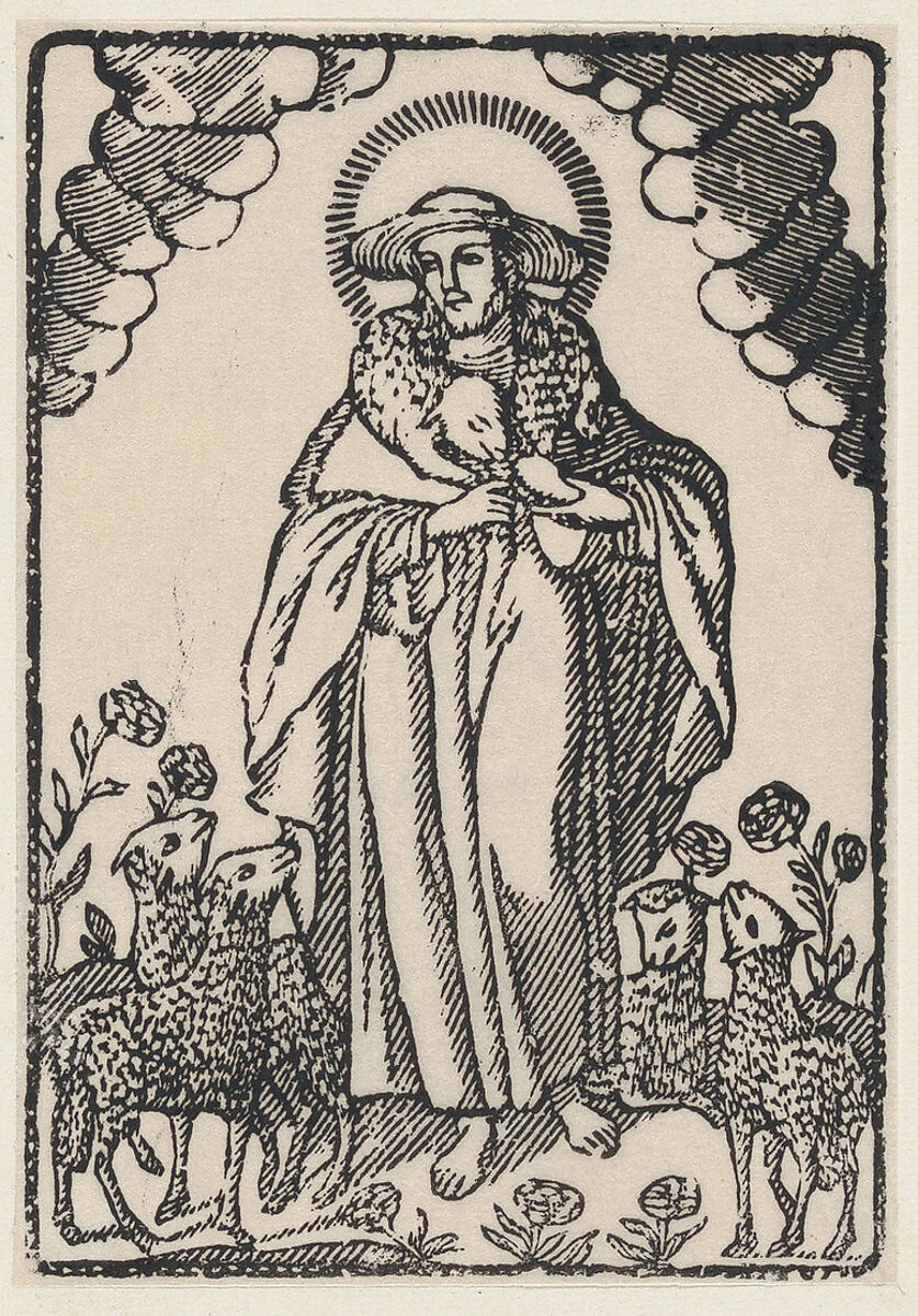 The good shepherd surrounded by lambs, Anonymous, Woodcut (re-strike?) 