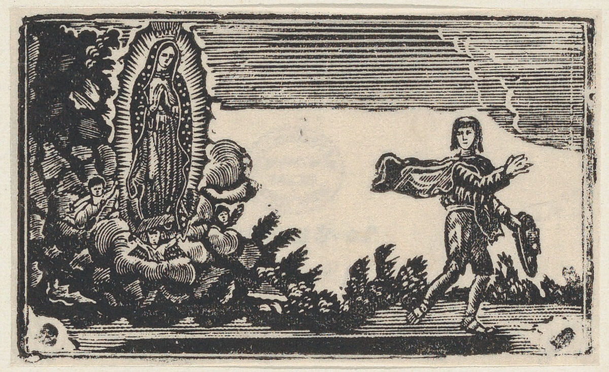 The Virgin of Guadalupe appearing to a man holding a hat, Anonymous, Mexican, Metal plate engraving (re-strike?) 