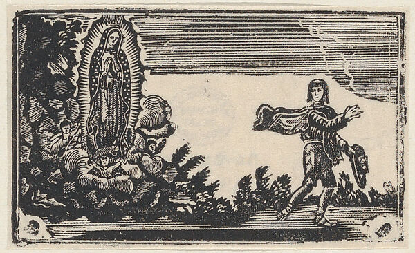 The Virgin of Guadalupe appearing to a man holding a hat