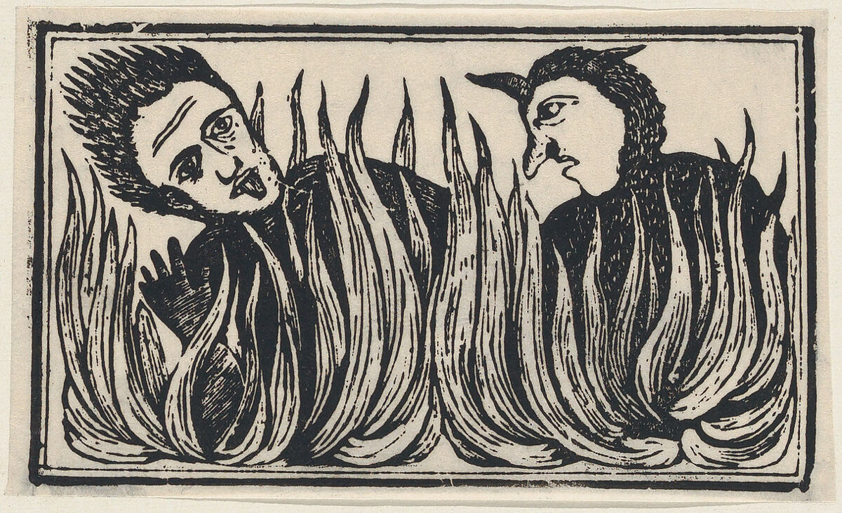 Demons engulfed in flames, Anonymous, Mexican, Woodcut (re-strike?) 