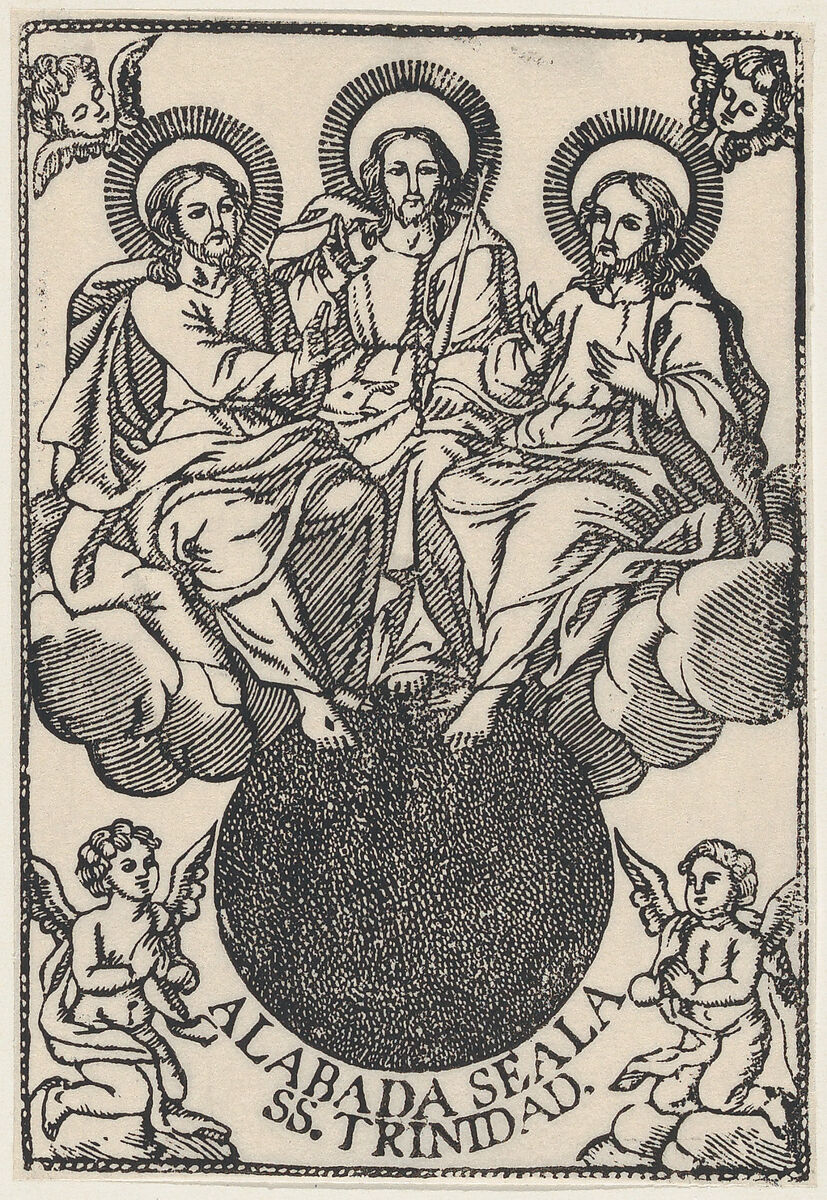 The Holy Trinity sitting on clouds surrounded by angels, Anonymous, Mexican, Woodcut (re-strike) 