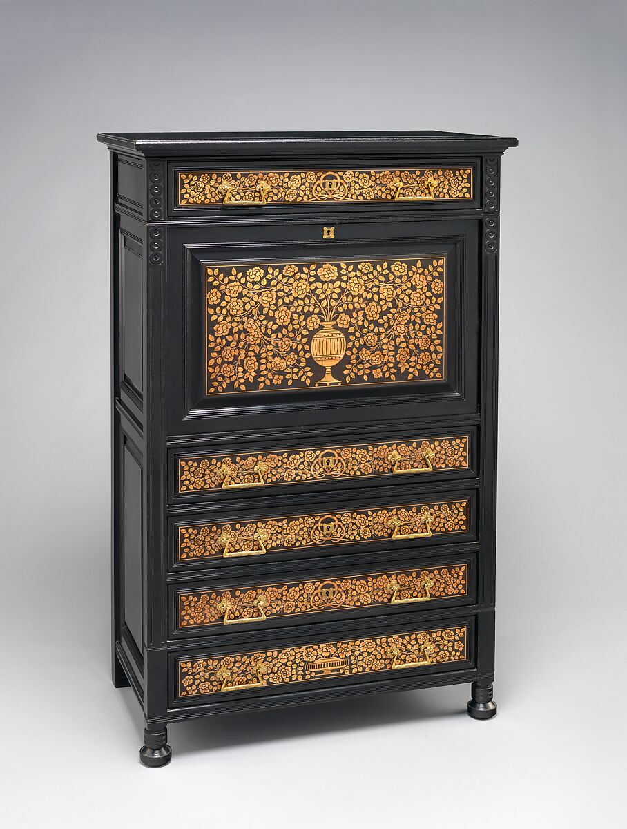 Secretary from the Jay Gould House, New York City, Herter Brothers (German, active New York, 1864–1906), Ebonized cherry, mahogany, cedar, and brass, American 