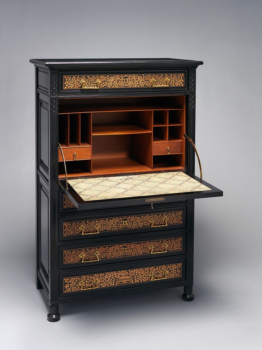 Secretary from the Jay Gould House, New York City, Herter Brothers (German, active New York, 1864–1906), Ebonized cherry, mahogany, cedar, and brass, American