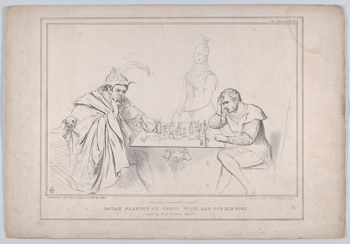 Retzsch's Extraordinary Design of Satan Playing at Chess with Man for his Soul, John Doyle (Irish, Dublin 1797–1868 London), Lithograph 