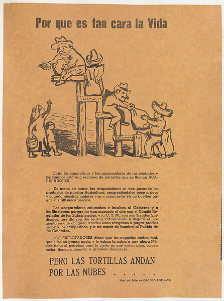 Flyer relating to profiteers who exploit rural farm workers and take advantage of the government, Raúl Anguiano (Mexican, 1915–2006), Photo-relief and letterpress on tan paper 