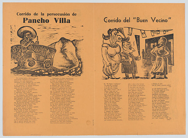Four hesitant corridos (ballads) printed on the one sheet, two on each side addressing the subject of unwanted American intervention in Mexico; ballad of the persecution of Pancho Villa - Escobedo; ballad of the good neighbour - Chávez Morado; ballad regarding the expropriation of foreign petroleum companies - Zalce; ballad on the eclipse of the peso - Chávez Morado, José Chávez Morado (Mexican, 1909–2002), Linocut and letterpress on orange paper