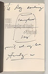 The Philosophy of Andy Warhol (From A to B and Back Again), Andy Warhol (American, Pittsburgh, Pennsylvania 1928–1987 New York), Book with inscription and drawings of Campbell's Soup cans in black marker