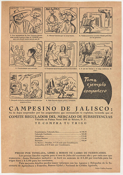 Flyer relating to farmers from Jalisco who attempted to improve their communities only to be exploited by profiteers and losing their graneries to them, José Chávez Morado (Mexican, 1909–2002), Photo-relief and letterpress on tan paper 