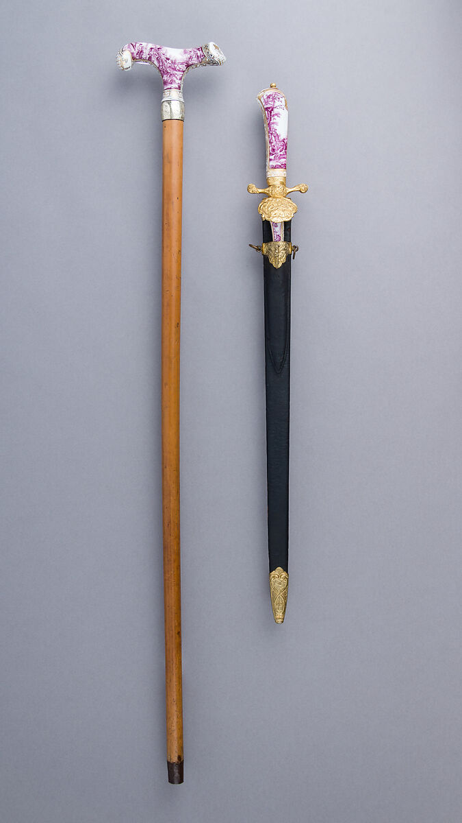 Walking Stick with Companion Hunting Sword, Knife, and Scabbard, Porcelain, silver, gold, wood, copper alloy, steel, leather, German or Austrian 