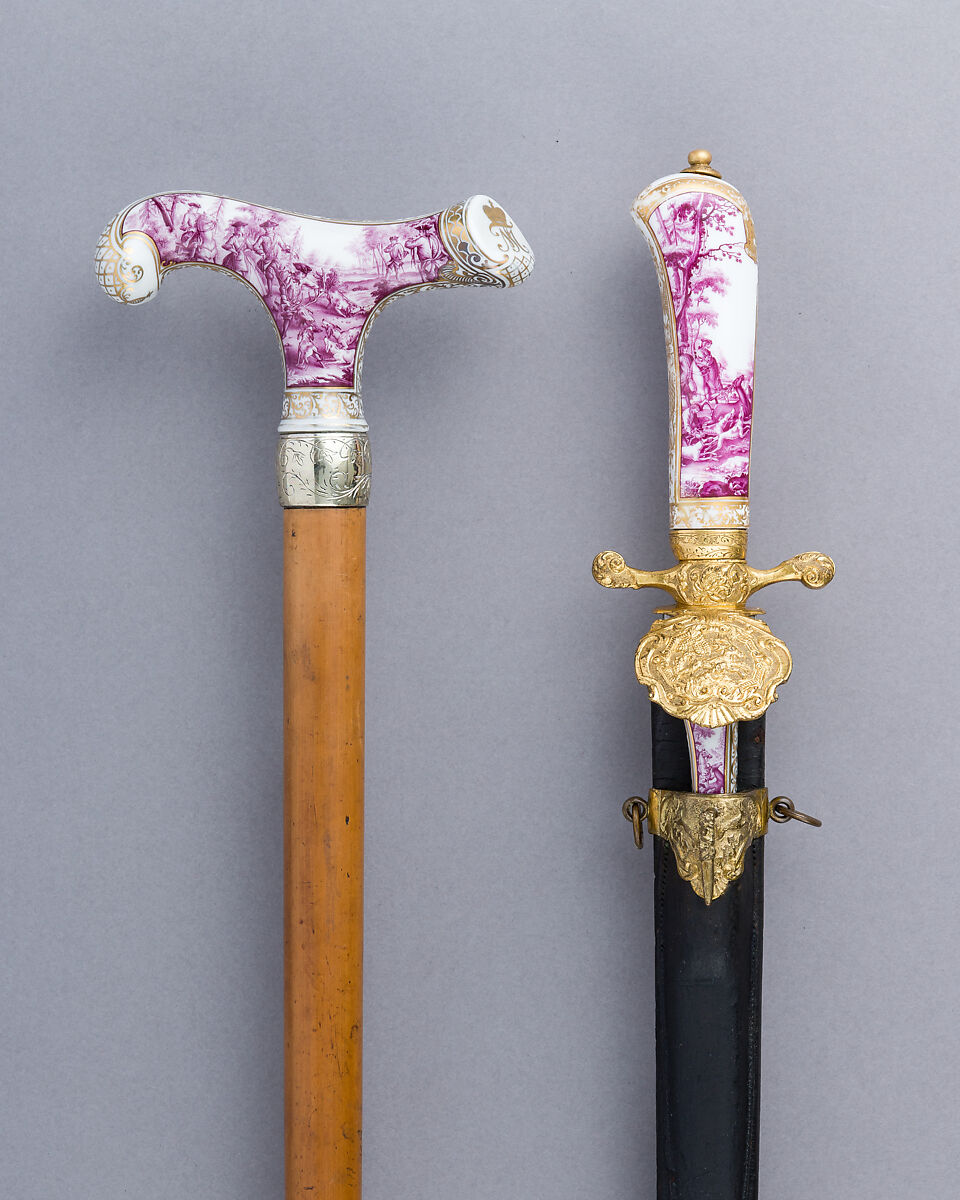 Walking Stick with Companion Hunting Sword, Knife, and Scabbard, Porcelain, silver, gold, wood, copper alloy, steel, leather, German or Austrian
