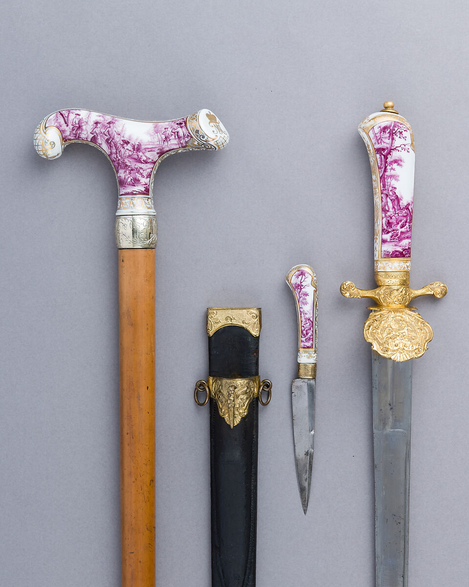 Walking Stick with Companion Hunting Sword, Knife, and Scabbard, Porcelain, silver, gold, wood, copper alloy, steel, leather, German or Austrian