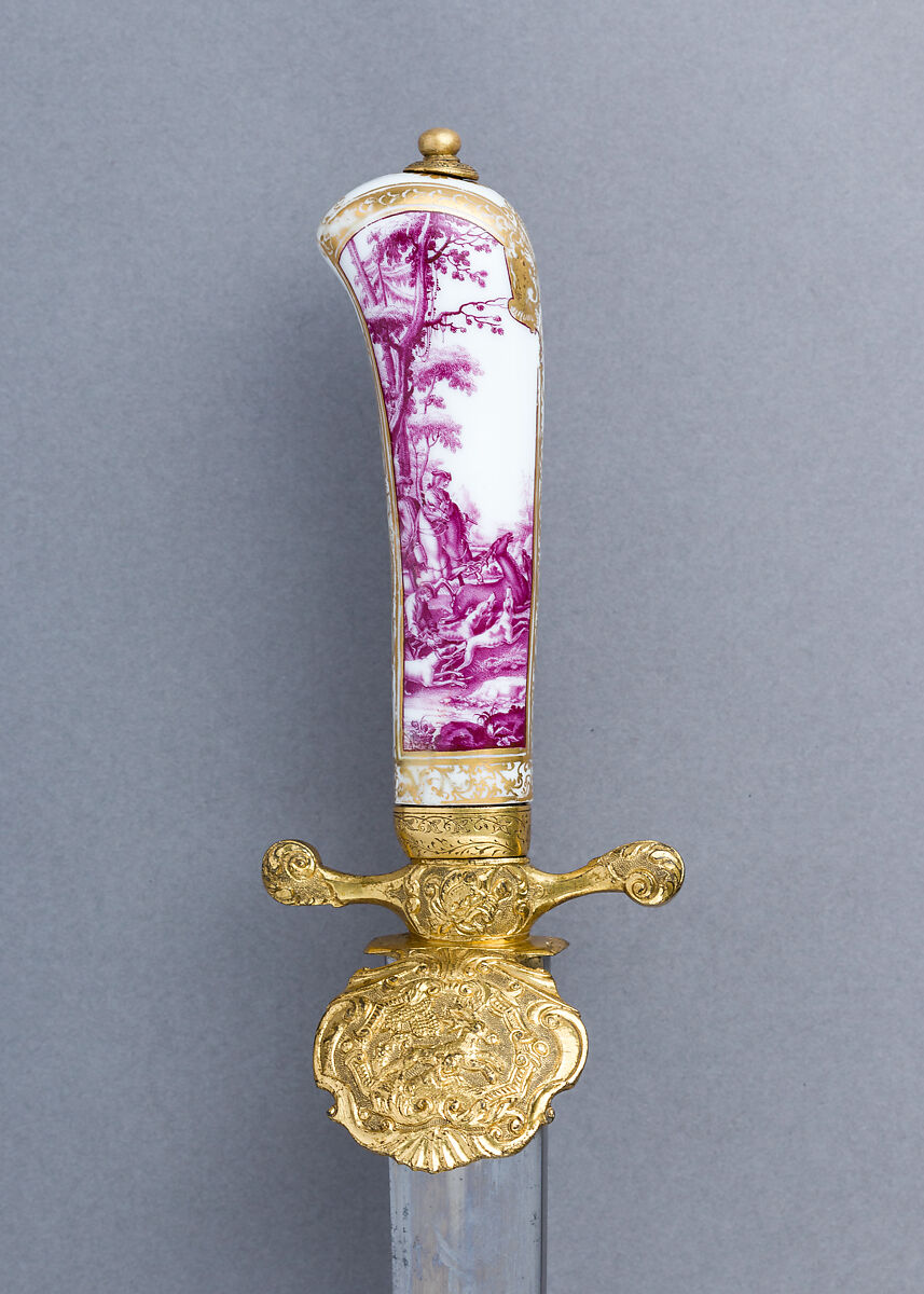 Walking Stick with Companion Hunting Sword, Knife, and Scabbard, Porcelain, silver, gold, wood, copper alloy, steel, leather, German or Austrian