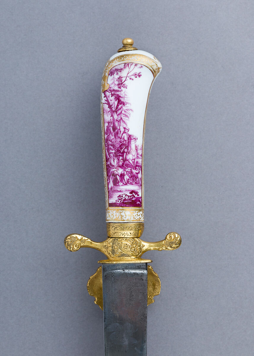 Walking Stick with Companion Hunting Sword, Knife, and Scabbard, Porcelain, silver, gold, wood, copper alloy, steel, leather, German or Austrian