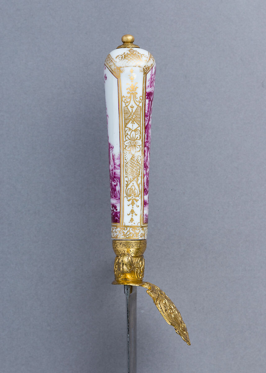 Walking Stick with Companion Hunting Sword, Knife, and Scabbard, Porcelain, silver, gold, wood, copper alloy, steel, leather, German or Austrian