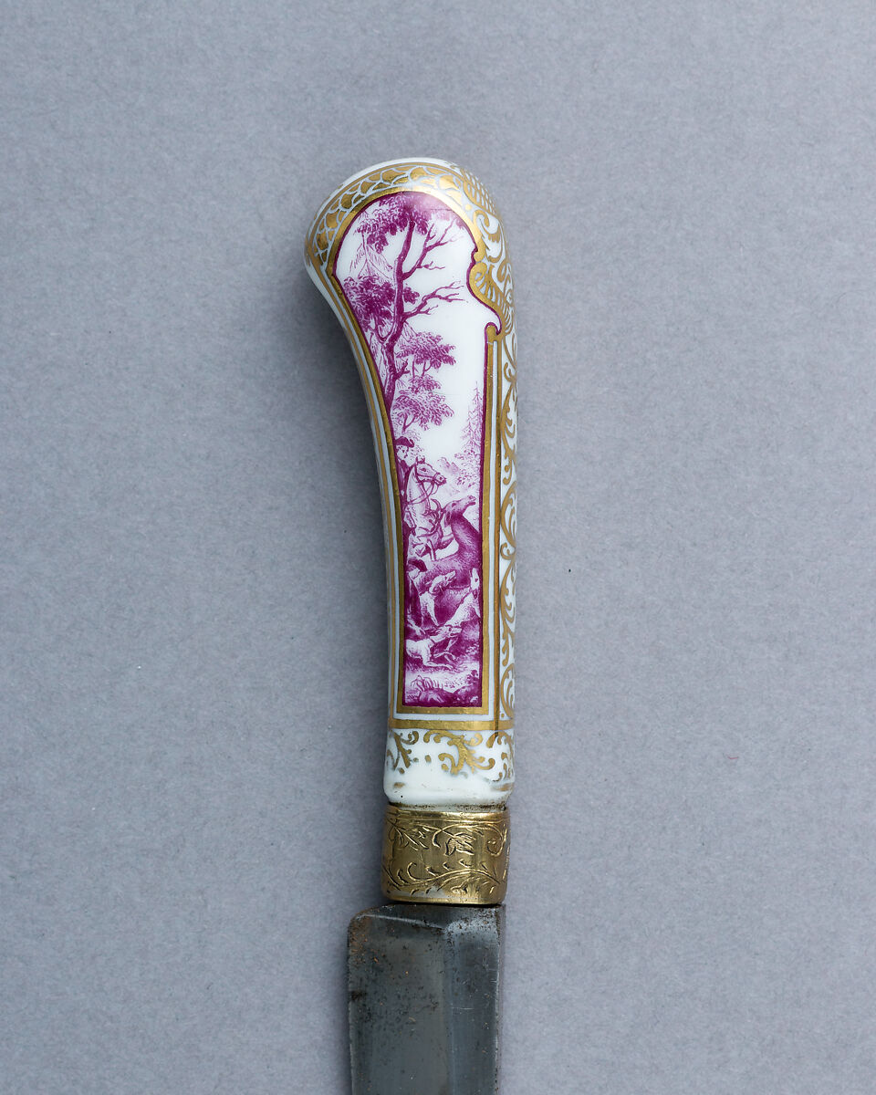 Walking Stick with Companion Hunting Sword, Knife, and Scabbard, Porcelain, silver, gold, wood, copper alloy, steel, leather, German or Austrian