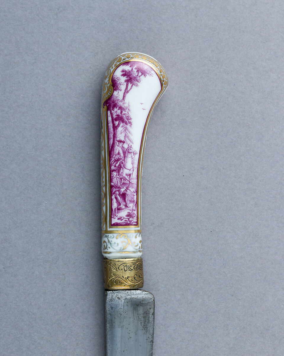 Walking Stick with Companion Hunting Sword, Knife, and Scabbard, Porcelain, silver, gold, wood, copper alloy, steel, leather, German or Austrian