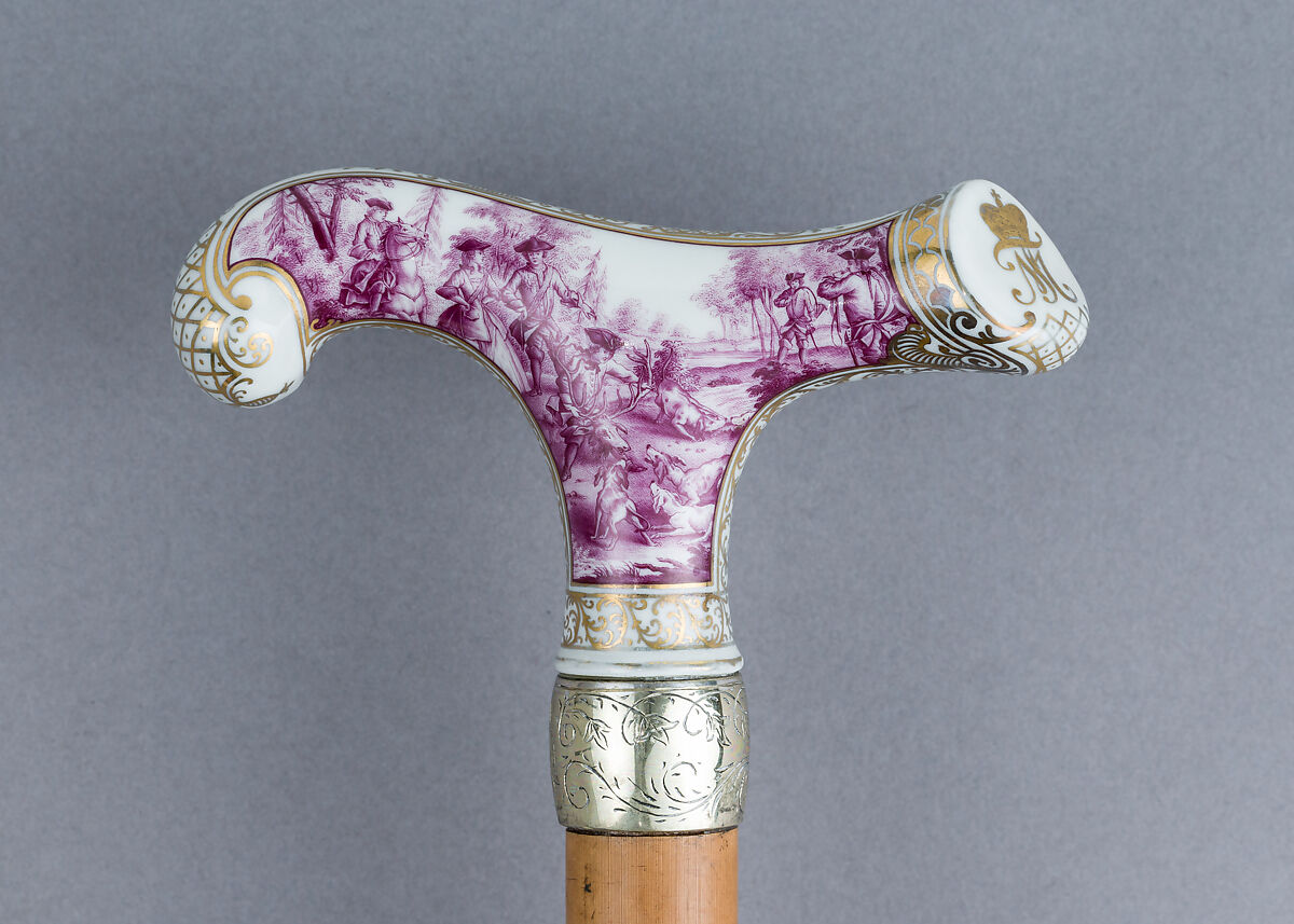 Walking Stick with Companion Hunting Sword, Knife, and Scabbard, Porcelain, silver, gold, wood, copper alloy, steel, leather, German or Austrian